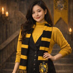 HP Hufflepuff Themed Coords Black Button-Front Jumper Dress × Yellow Knit Top